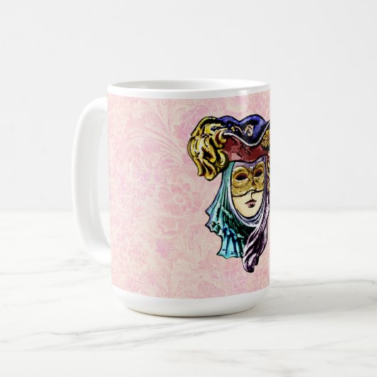 ほこりっぽいピンク色のブロケード模様の仮装マスク コーヒーマグカップ (正面左)