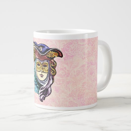 ほこりっぽいピンク色のブロケード模様の仮装マスク ジャンボコーヒーマグカップ (正面右)