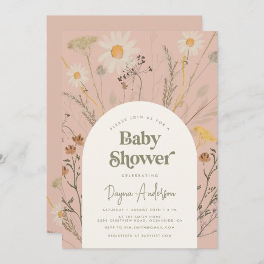 ほこりっぽいピンク色のワイルドフラワーベイビーシャワー招待状 招待状 (正面/裏面)