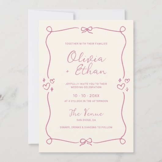 ほこりっぽいピンク色の手描き結婚の 招待状 (正面)