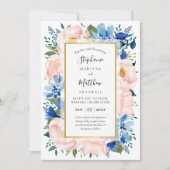 ほこりっぽいピンク色の水色フローラ結婚金ゴールド 招待状 (正面)