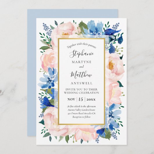 ほこりっぽいピンク色の水色フローラ結婚金ゴールド 招待状 (正面/裏面)
