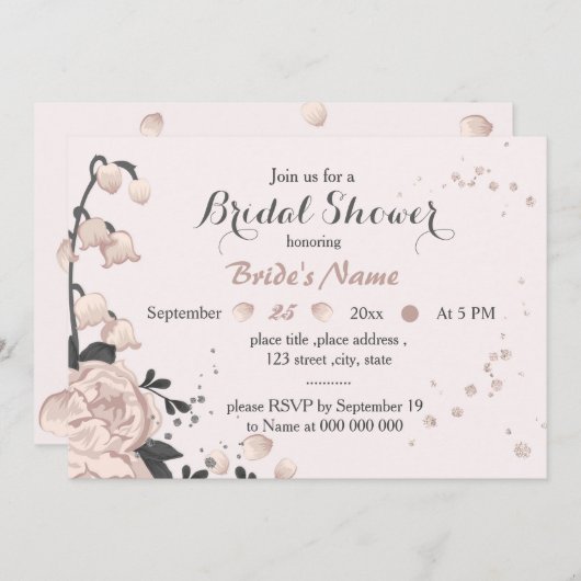 ほこりっぽいピンク色の濃い灰色の花々驚くべきブライダルシャワー 招待状 (正面/裏面)