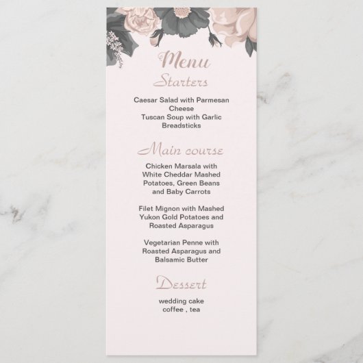 ほこりっぽいピンク色の濃い灰色の花結婚植物学 メニュー (正面)
