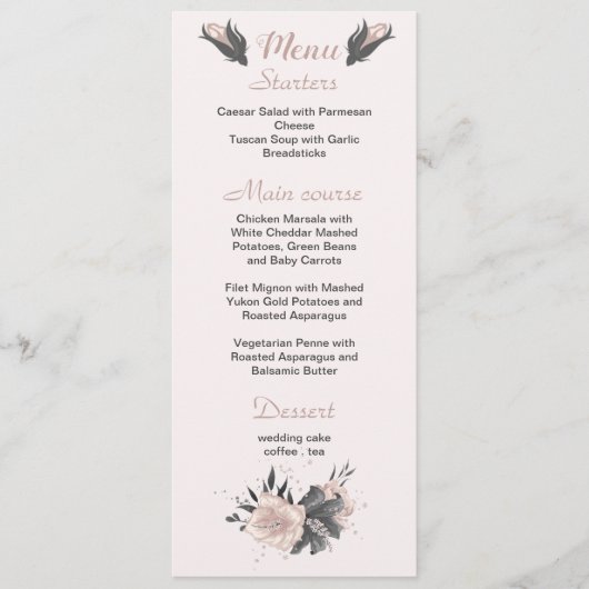 ほこりっぽいピンク色の濃い灰色の花結婚植物学 メニュー (正面)