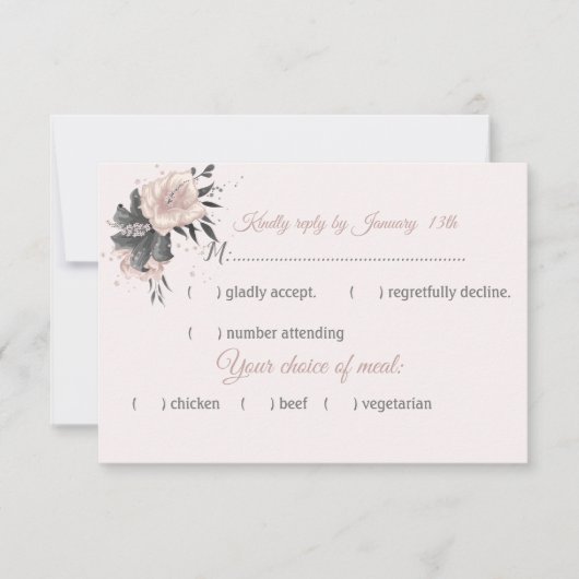ほこりっぽいピンク色の灰色の花と花弁の食事の選択 出欠カード (正面)
