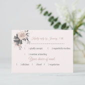 ほこりっぽいピンク色の灰色の花と花弁の食事の選択 出欠カード (スタンド正面)