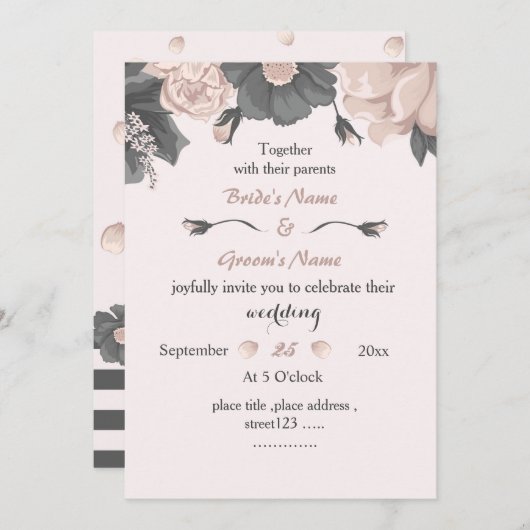 ほこりっぽいピンク色の灰色の花は素晴結婚らしい 招待状 (正面/裏面)