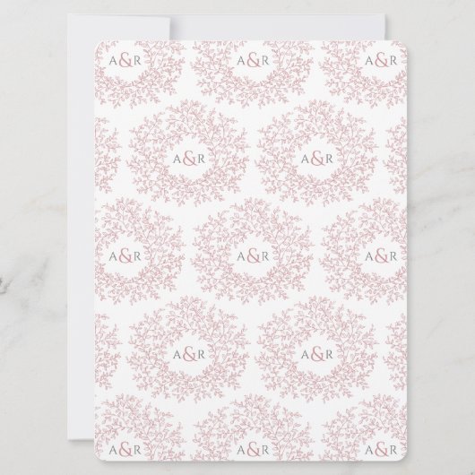 ほこりっぽいピンク色の白い手描き葉モノグラム結婚の 招待状 (裏面)