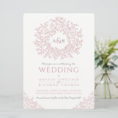 ほこりっぽいピンク色の白い手描き葉モノグラム結婚の 招待状 (スタンド正面)