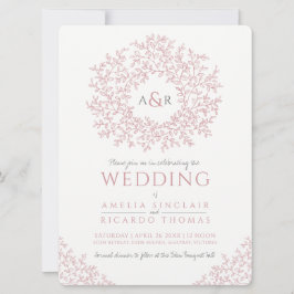 ほこりっぽいピンク色の白い手描き葉モノグラム結婚の 招待状