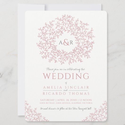ほこりっぽいピンク色の白い手描き葉モノグラム結婚の 招待状 (正面)