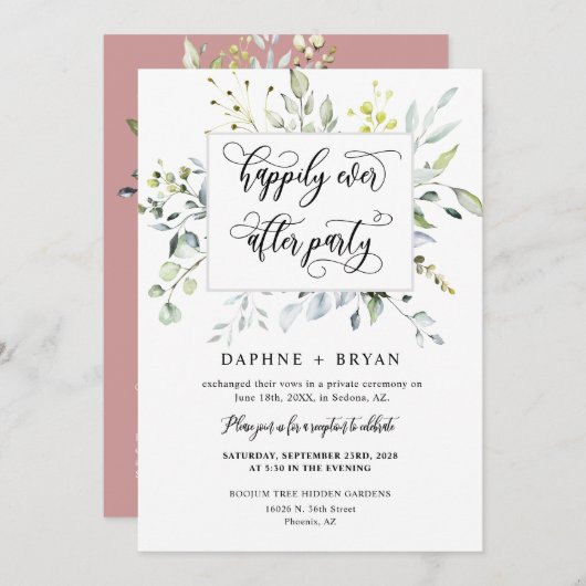 ほこりっぽいピンク色の緑が幸いにもパーティー写真の後 招待状 (正面/裏面)