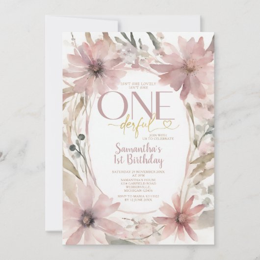 ほこりっぽいピンク色の花は彼女は優れた誕生日ではない 招待状 (正面)
