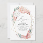 ほこりっぽいピンク色の花エレガント女の子の洗礼式 招待状 (正面)