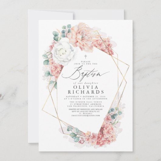 ほこりっぽいピンク色の花エレガント女の子の洗礼式 招待状 (正面)