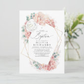 ほこりっぽいピンク色の花エレガント女の子の洗礼式 招待状 (スタンド正面)