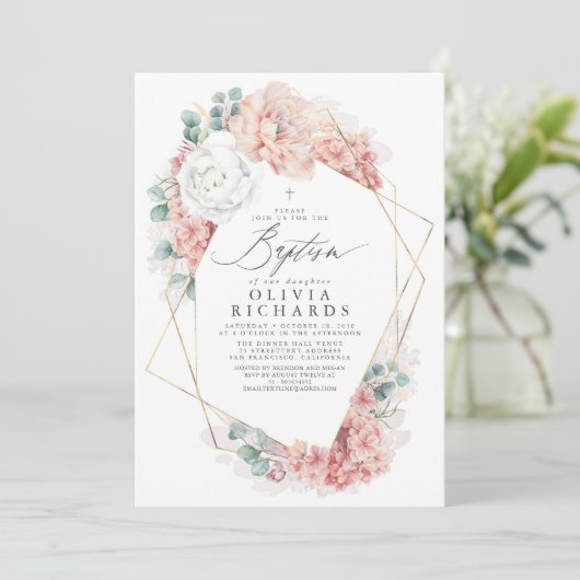 ほこりっぽいピンク色の花エレガント女の子の洗礼式 招待状 (スタンド正面)