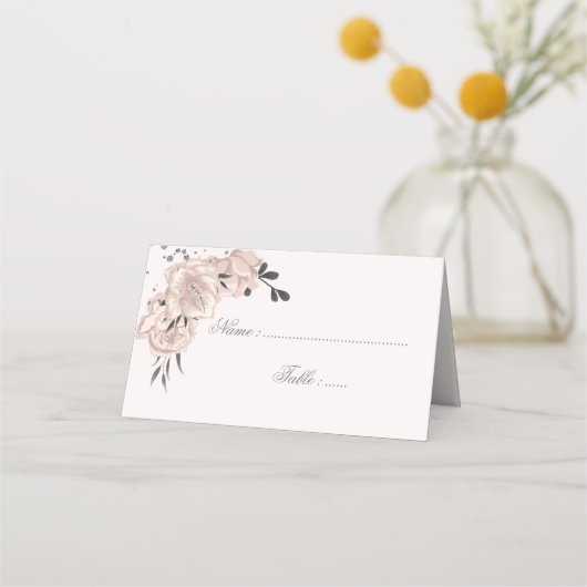 ほこりっぽいピンク色の花葉黒&花びら プレイスカード (正面)