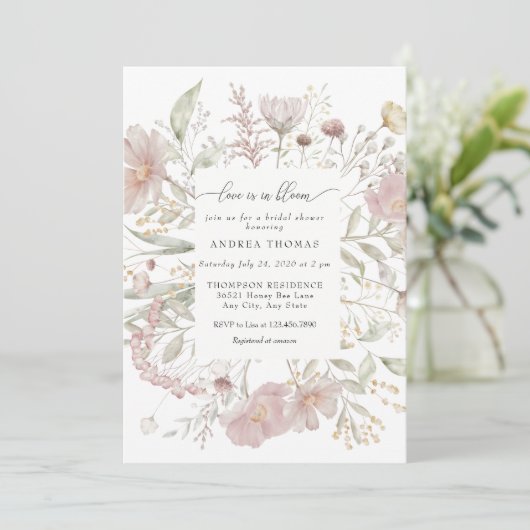ほこりっぽいピンク色の花 |水彩ブライダルシャワー 招待状 (スタンド正面)