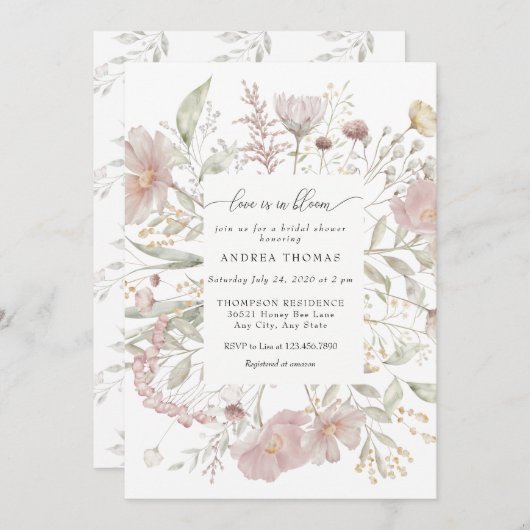 ほこりっぽいピンク色の花 |水彩ブライダルシャワー 招待状 (正面/裏面)