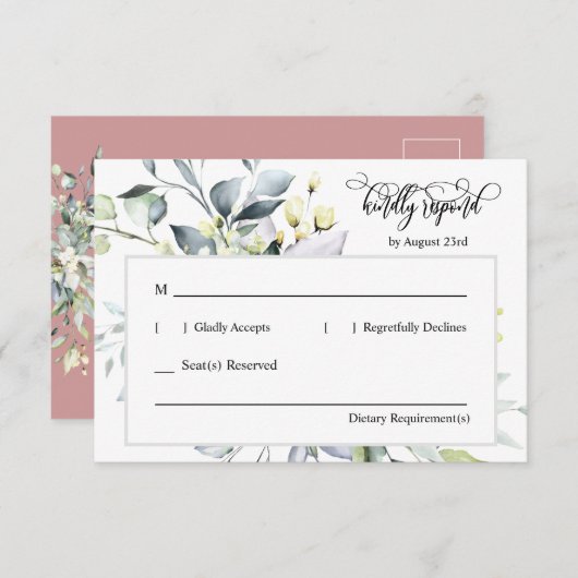 ほこりっぽいピンク色の離れ緑の応答アドレス 出欠カード (正面/裏面)