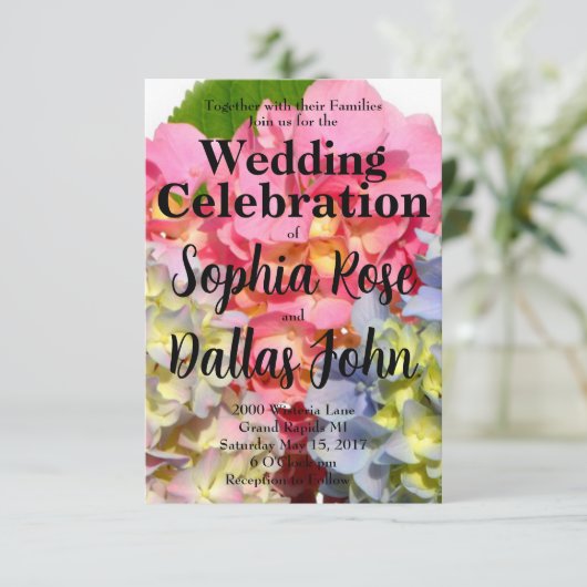 ほこりっぽいピンク色の黄色い緑のフローラアジサイ 招待状 (スタンド正面)