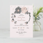 ほこりっぽいピンク色ダークグレーフローラ結婚リース 招待状 (スタンド正面)