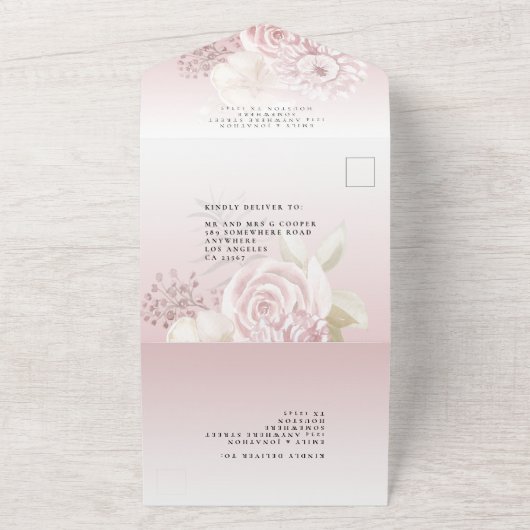 ほこりっぽいピンク花模様ほこりっぽいバラ名アドレス結婚ズ オールインワン招待状 (外側)