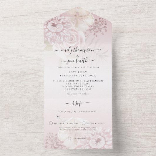 ほこりっぽいピンク花模様ほこりっぽいバラ名アドレス結婚ズ オールインワン招待状 (内側)
