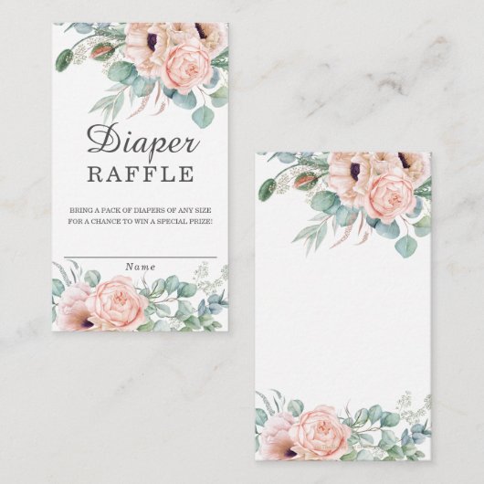 ほこりっぽいピンク赤面フローラベビーシャワーおむつラッフル エンクロージャーカード (正面/裏面)