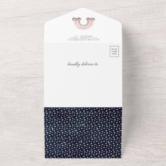 ほこりっぽいピンク金ゴールドボホレインボーネイビーブルーベビーシャワー オールインワン招待状 (外側)