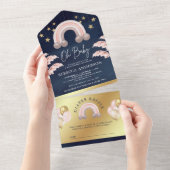 ほこりっぽいピンク金ゴールドボホレインボーネイビーブルーベビーシャワー オールインワン招待状 (貼ってはがせる)