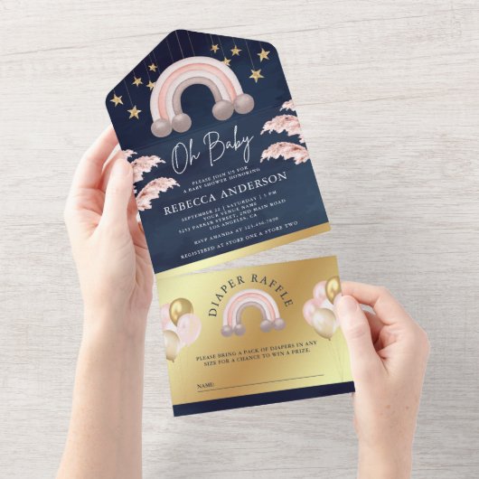 ほこりっぽいピンク金ゴールドボホレインボーネイビーブルーベビーシャワー オールインワン招待状 (貼ってはがせる)