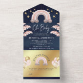 ほこりっぽいピンク金ゴールドボホレインボーネイビーブルーベビーシャワー オールインワン招待状 (内側)