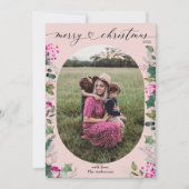 ほこりっぽいピンク1写真グリーンリーメリークリスマスカード シーズンカード (正面)