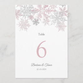 ほこりっぽいピンク&シルバーのスノーフレーク冬のテーブル番号 招待状
