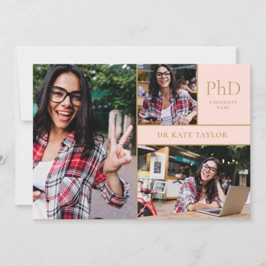 ほこりっぽいピンクPhD学位3写真卒業パーティー 招待状 (正面)