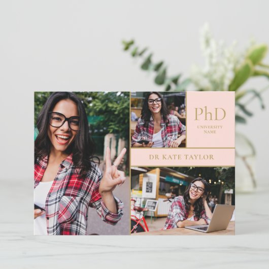 ほこりっぽいピンクPhD学位3写真卒業パーティー 招待状 (スタンド正面)