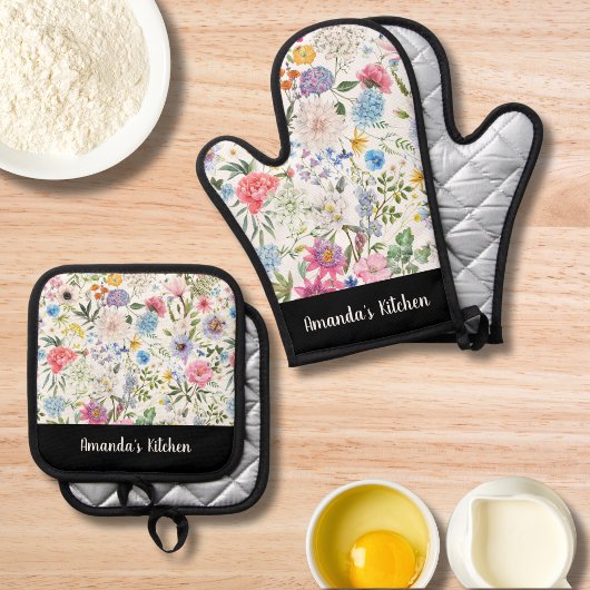 ほこりっぽいフローラの緑の台本のパーソナライズされた贈り物 鍋つかみ&鍋敷きセット