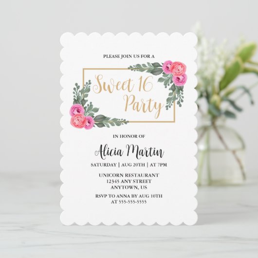 ほこりっぽいフローラピンクローズグリーンリー金ゴールドスイーツ16 招待状 (スタンド正面)