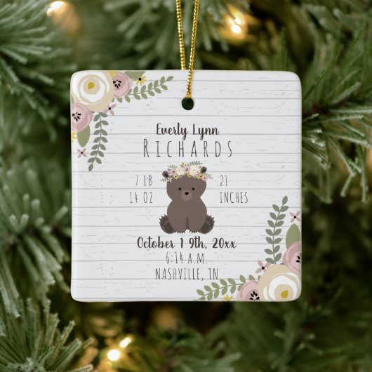 ほこりっぽいフローラベアーキュブベビーガール誕生統計 セラミックオーナメント (ツリー)