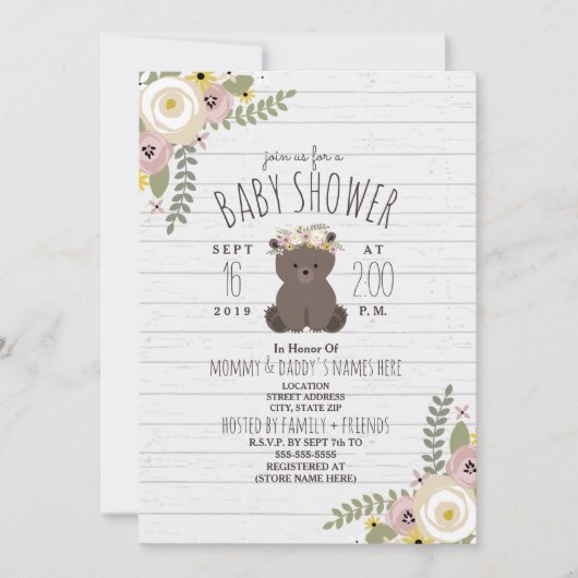 ほこりっぽいフローラボホベアーグレイ木材ベビーシャワー 招待状 (正面)