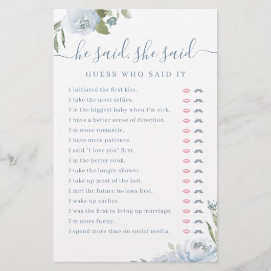 ほこりっぽいフローラ彼は彼女はブライダルシャワーゲームと言った (正面)