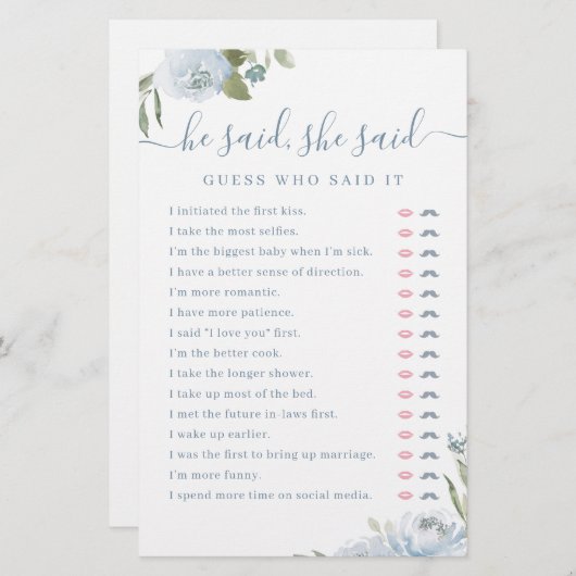 ほこりっぽいフローラ彼は彼女はブライダルシャワーゲームと言った (正面/裏面)