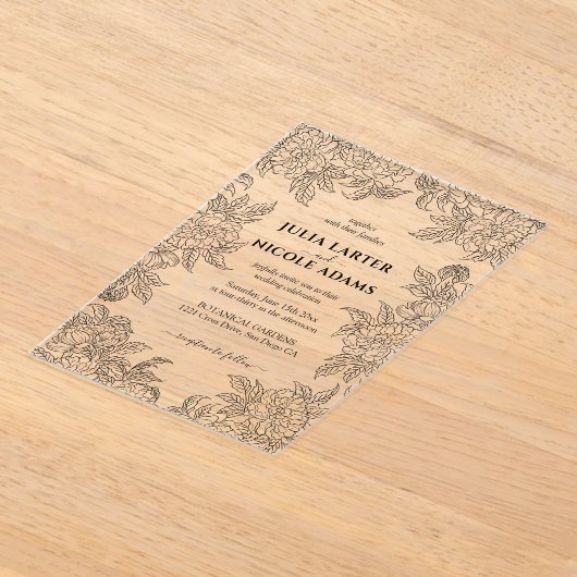 ほこりっぽいブラントオレンジ牡丹の花秋の結婚式 アクリル招待状 (レイダウン)