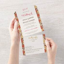 ほこりっぽいブラントオレンジ牡丹の花秋の結婚式 オールインワン招待状