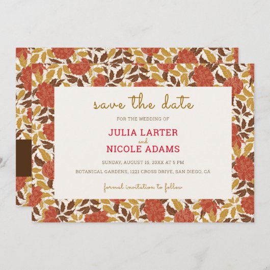 ほこりっぽいブラントオレンジ牡丹の花秋の結婚式 セーブザデート (正面/裏面)