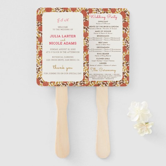 ほこりっぽいブラントオレンジ牡丹の花秋の結婚式 ハンドファン (正面&裏面)