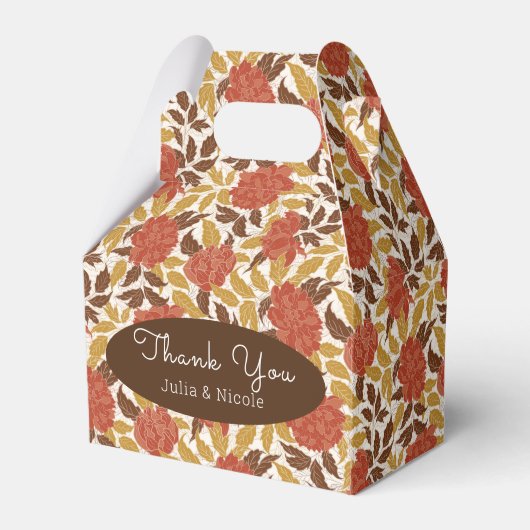 ほこりっぽいブラントオレンジ牡丹の花秋の結婚式 フェイバーボックス (正面サイド)